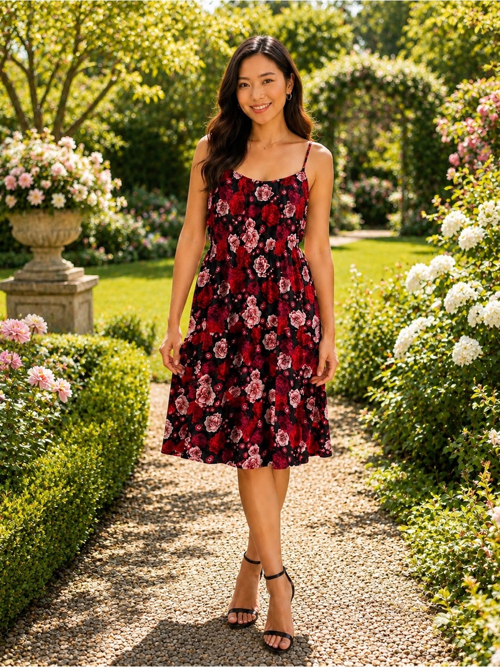 Old Navy Black Dress with Red & Pink Floral Pattern, Petite XL